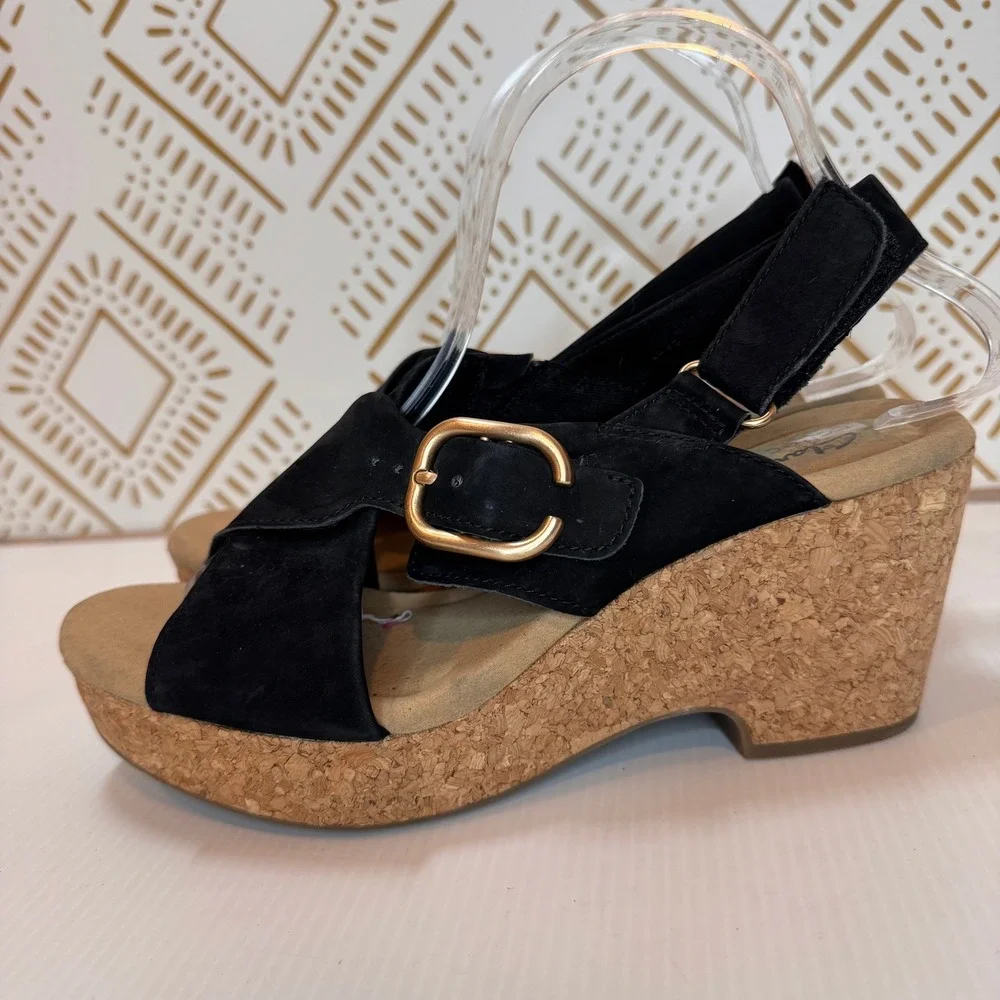 Clarks‎ Suede Cork Sandal Women 10 Black Wedge Slingback Buckle Boho Vacation